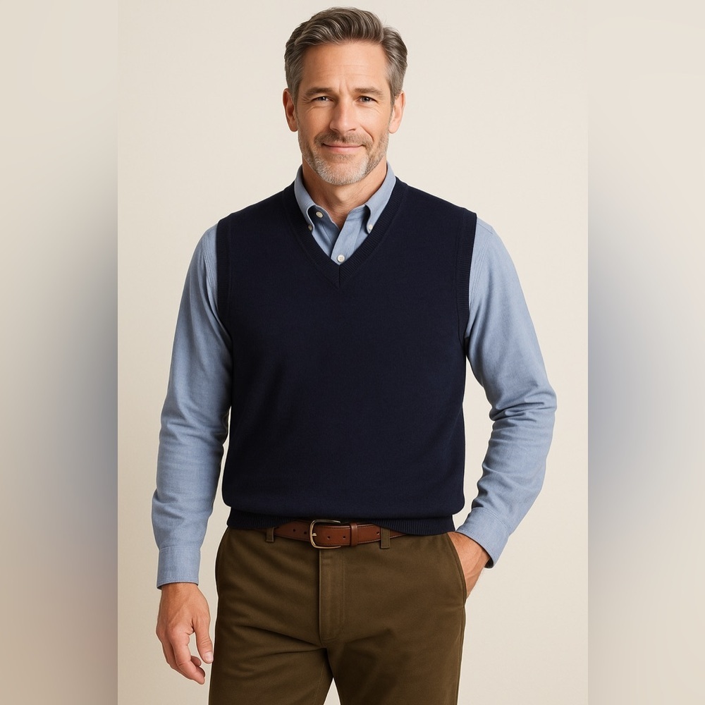 ORVIS 100% Merino Wool Navy Knit Sleeveless V Neck Sweater Vest L